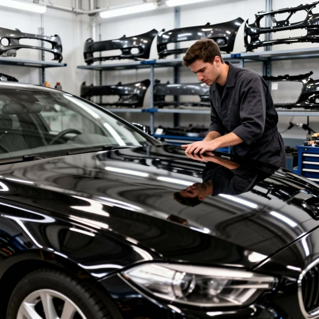 Freshly painted vehicles and OEM parts in the Bender Mender collision repair shop